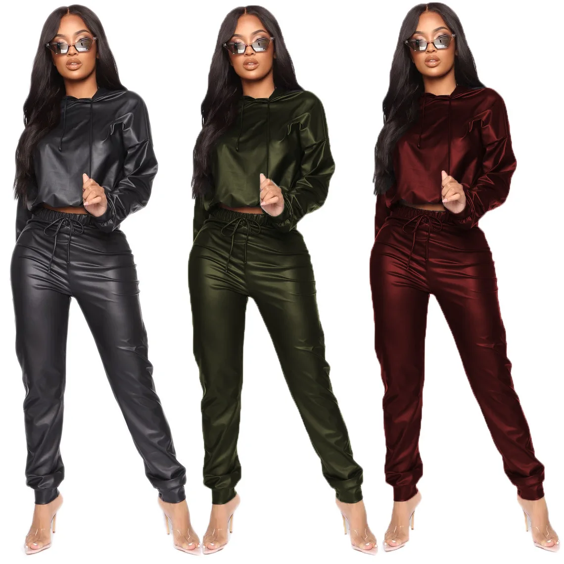 

New Winter Women sets Hooded Full Sleeve Crop Top Pants Suit Two Piece Set Casual PU Leather Fitness Tracksuits