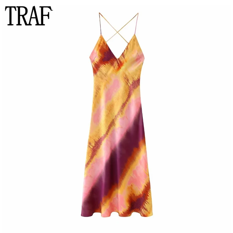 

TRAF Tie Dye Long Dress Women Satin Slip Dress Woman Sexy Backless Party Dresses for Women 2023 Print Summer Camisole Midi Dress
