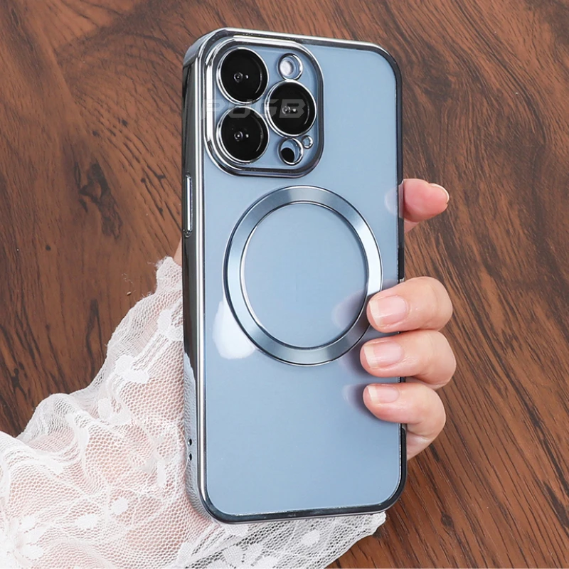 

Wireless Charging For iPhone 13 12 11 Pro Max Luxury Transparent Plating Silicone Lens Protector Cover