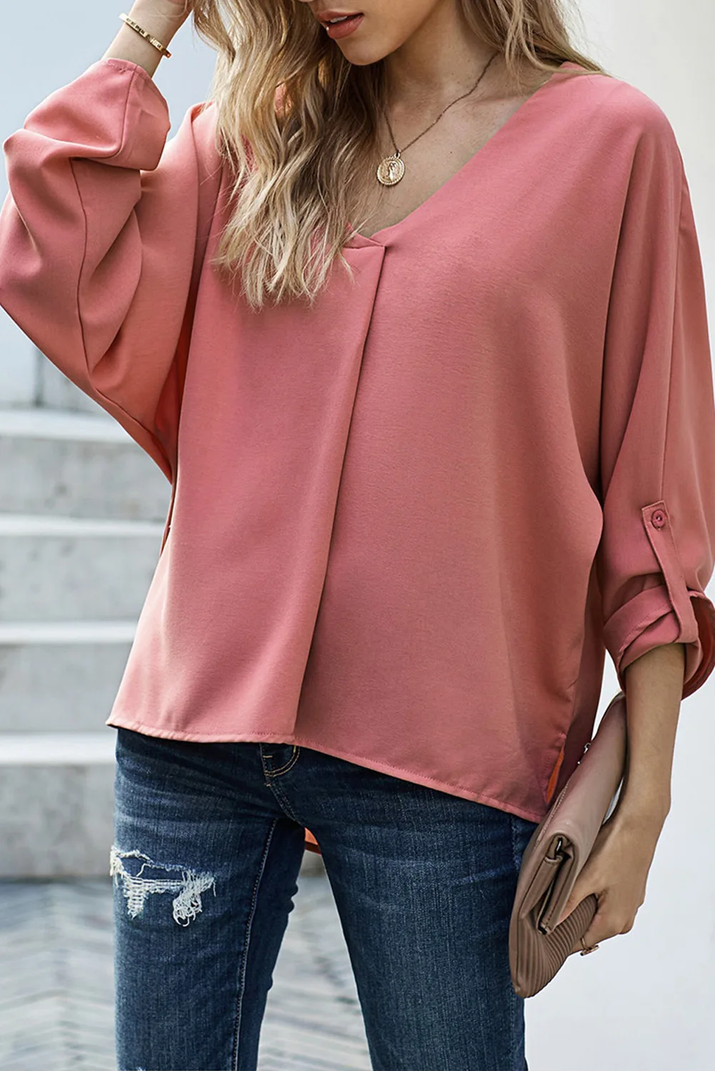 

7 Color Spring Women Long Sleeve V Neck T Shirt Loose Outdoor Hip Hop Casual Ladies Tops Tee Army Green Pink White