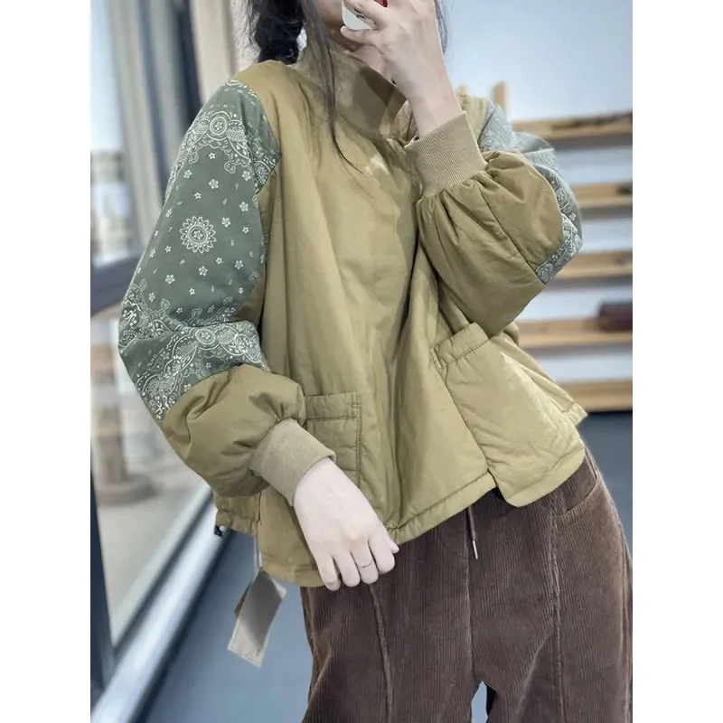 Осенне-зимний пуловер в стиле ретро с цветочным рисунком Женская Стеганая куртка