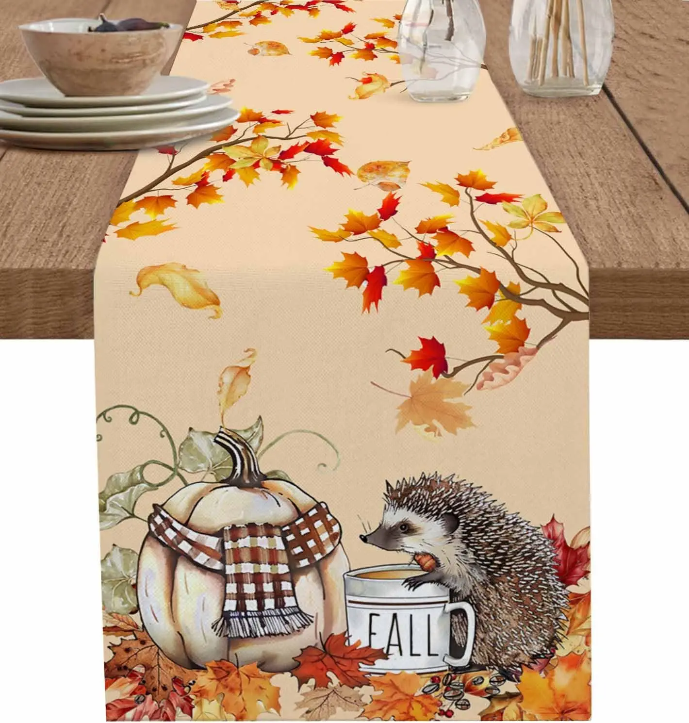 

Льняная дорожка для стола с ежиком и тыквами