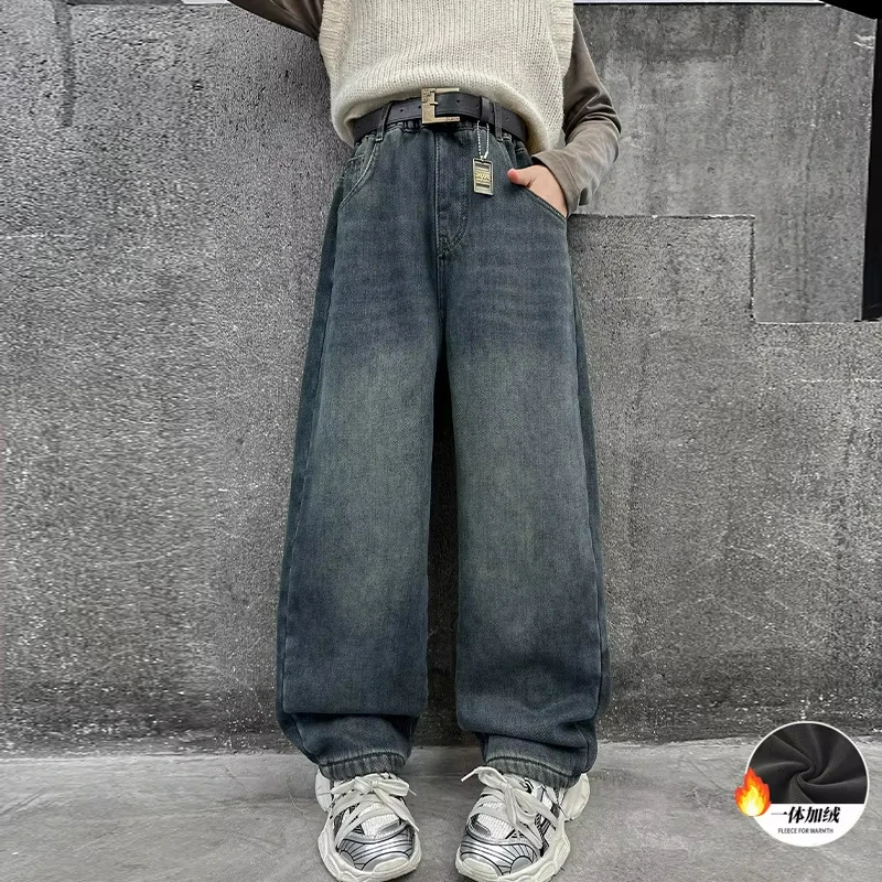 Новые зимние термоджинсы детские флисовые брюки с надписью для детей модный