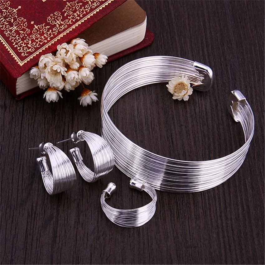 

925 Sterling Silver rings Bracelets Jewelry set women fine Retro Multi-line bangle adjustable size Fashion Party Holiday gifts