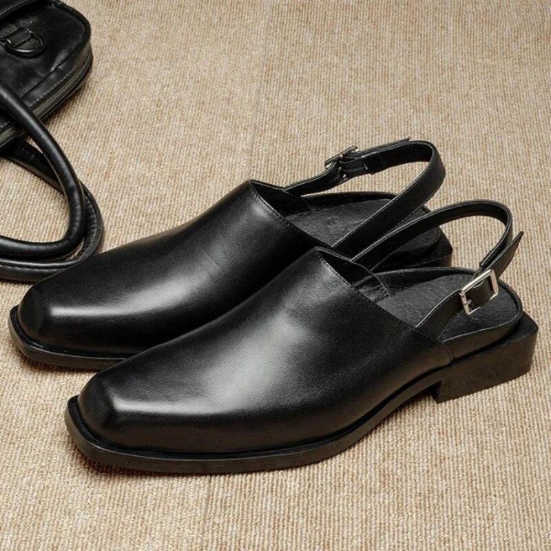 

Men Black Sandals Square Toe Buckle Strap Shoes for Men Wedding Pu Casual Business Designer Shoes Free Shipping