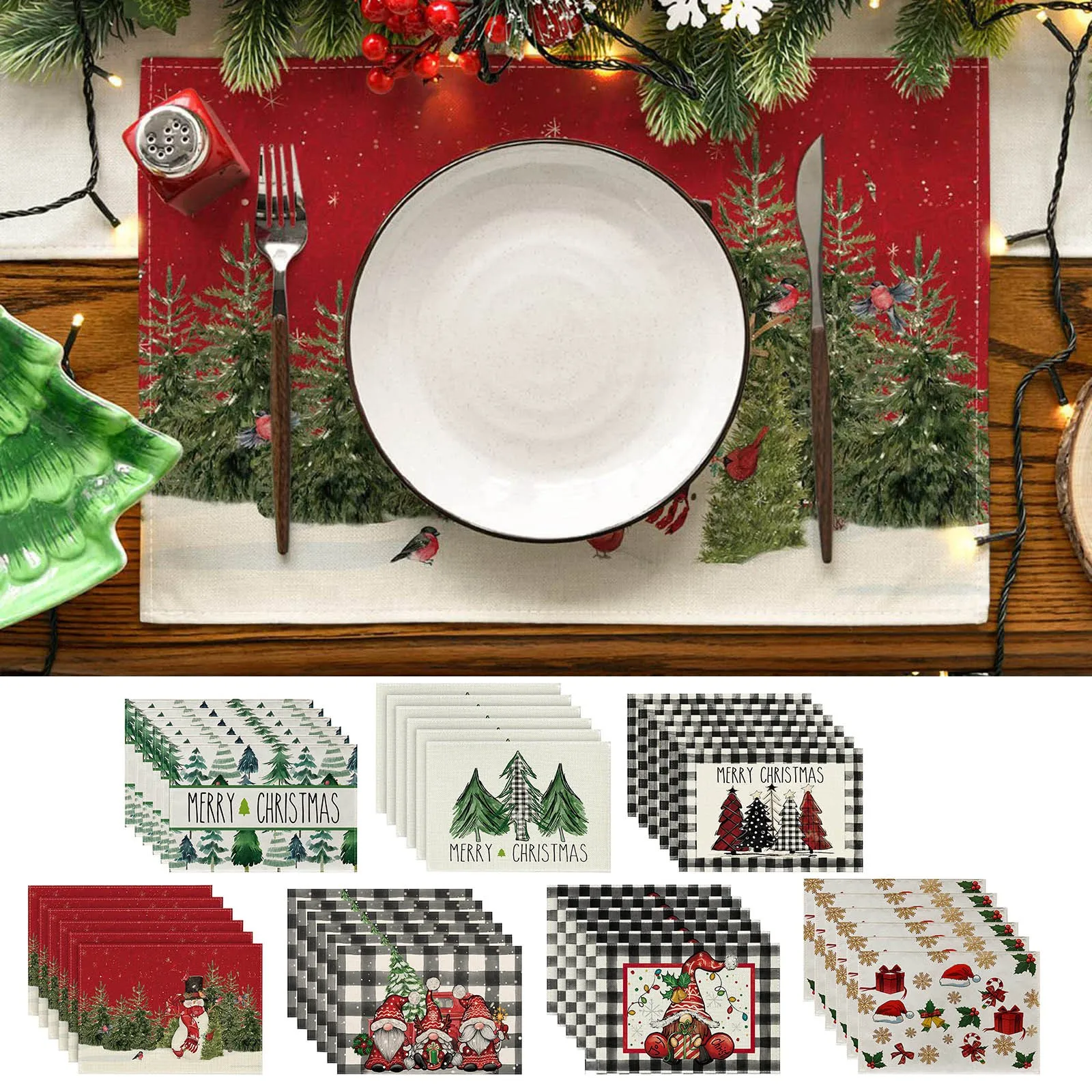 

6PCS Christmas Placemat Cotton Linen Tablecloth Thermal Mat Kitchen Table Mat
