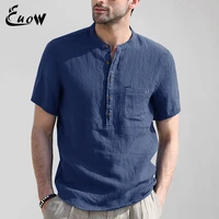 euow 2022 fashion stand collar shirt us size men linen half cardigan solid color casual breathable loose short sleeve tops
