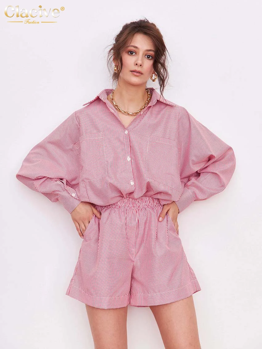 

Clacive Fashion Lapel Long Sleeve Blouses Two Piece Sets Womens Outifits Autumn Casual Loose Red Stripe High Waist Shorts Set