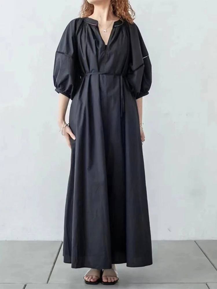 Women V-Neck Loose Dress Casual Comfortable Puff Sleeve Long Dress Reversible Cotton Black Dress Harajuku Robe 2023 Summer