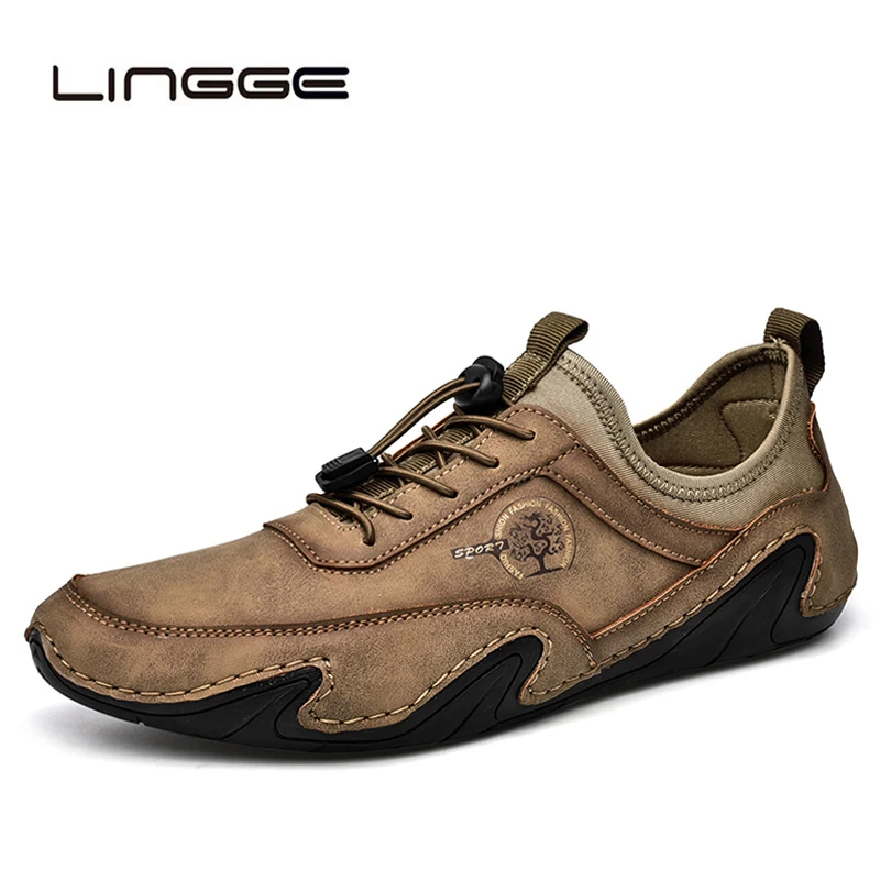 

LINGGE Leather Men Casual Shoes Fashion Men Sneakers Breathable Mens Loafers Shoes Luxury Moccasins Male Boat Shoes Plus Size 48