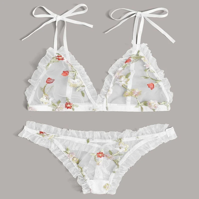 

Sexy Lingerie Set Women Mesh Bra Intimates Transparent Bralette G String Thong Embroidered Underwear Suit