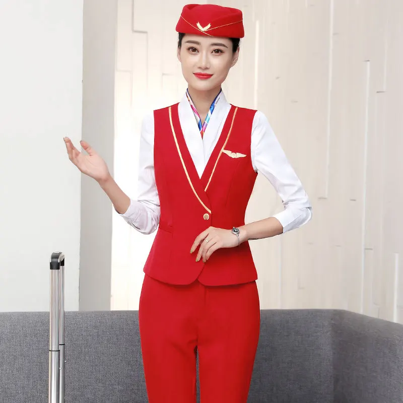 IZICFLY New Style Red Waistcoat And Pants Set For Woman Suits Office Vest Elegant Slim Business Airline Stewardess Work Wear