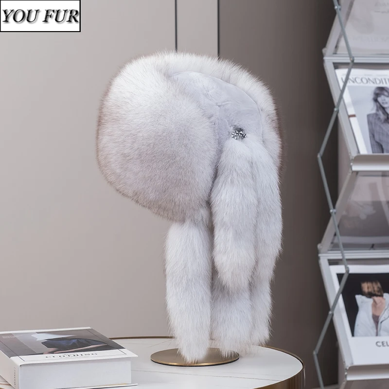 

Winter Women's Bomber Hat Real Fox Fur Hats Warm Fashion 100% Real Fur Top Rex Rabbit Fur Caps Ruaaian Outdoor Warm Fox Fur Cap