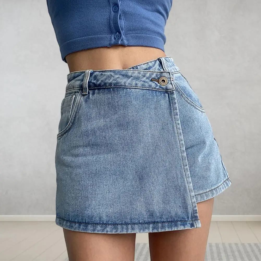 

Denim Skirt Shorts A-line Fake Two-piece Women Shorts Vintage High Waist Tummy Control Mini Shorts Summer Asymmetrical Shorts