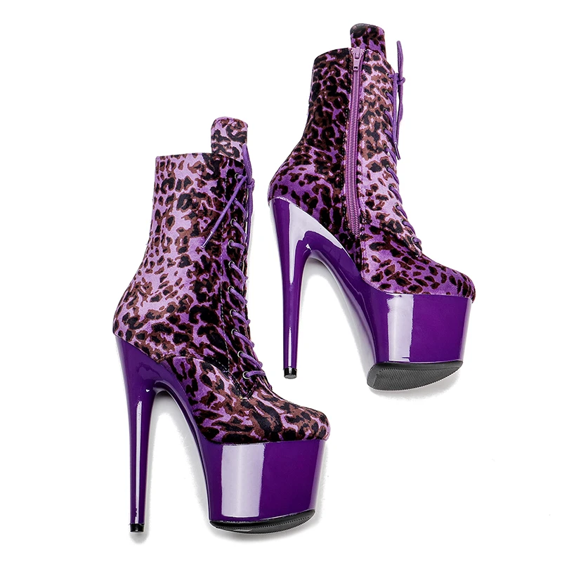 Leecabe 17CM/7Inches Leopard  PU upper High Heel platform Boots   Pole Dance boot