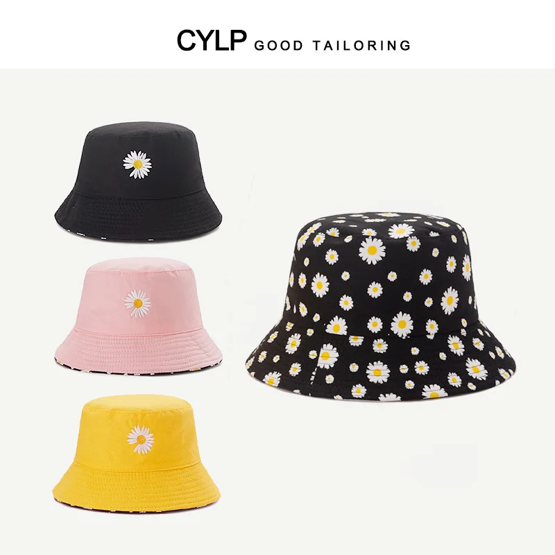 

Female Summer Double Sided Sunshade Hat Korean Version Fashion Daisy Embroidery Fisherman Hat Male Outdoor Sunscreen Basin Hat