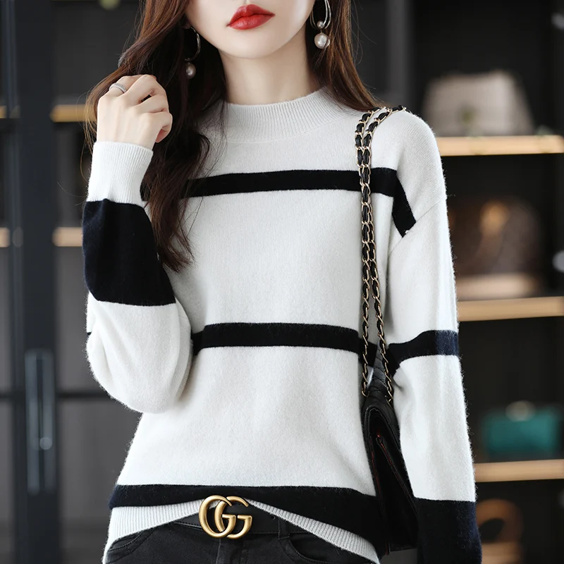 Autumn And Winter New 100% Pure Wool Ladies Mid-High Collar Stitching Pullover Sweater Casual Knitted Sweater Fashion Warm Base