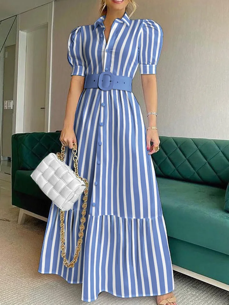 

Striped Button Front Puff Sleeve Shirt Dress