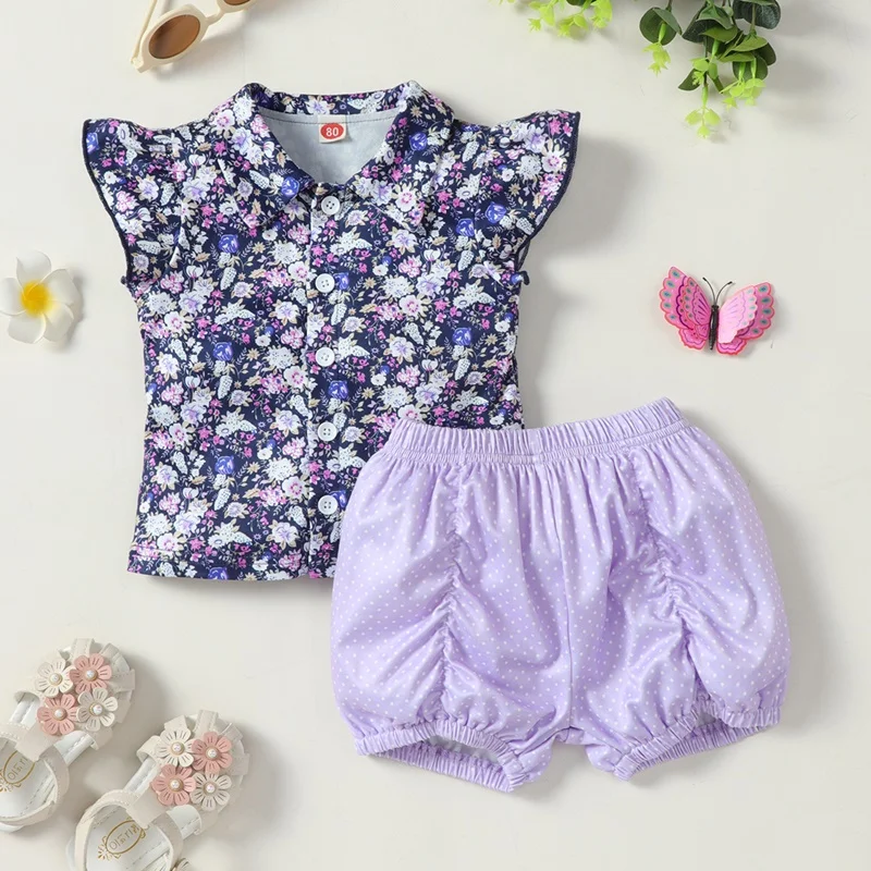 

2022 Fashion Toddler Girl Summer Clothes Baby Sets Floral Print Flying Sleeve Shirts+dot Short Pants Cotton Baby Clothes 0-18M