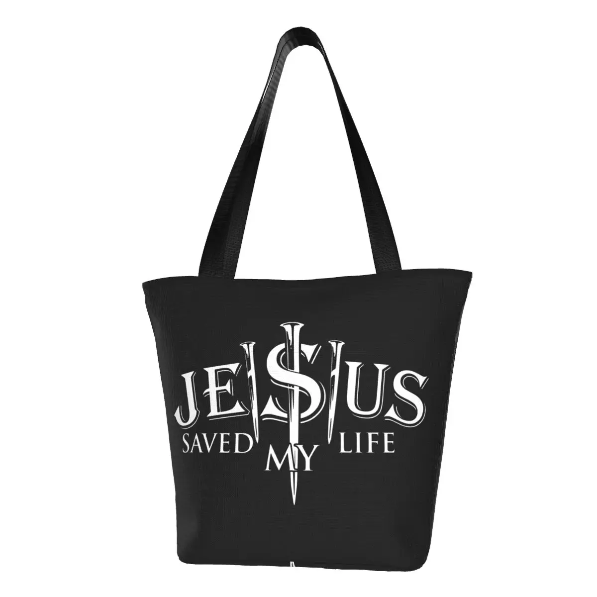 

Jesus Saved My Life Grocery Shopping Bags Canvas Shopper Tote Shoulder Bags Big Capacity Portable Christ Christian Faith Handbag