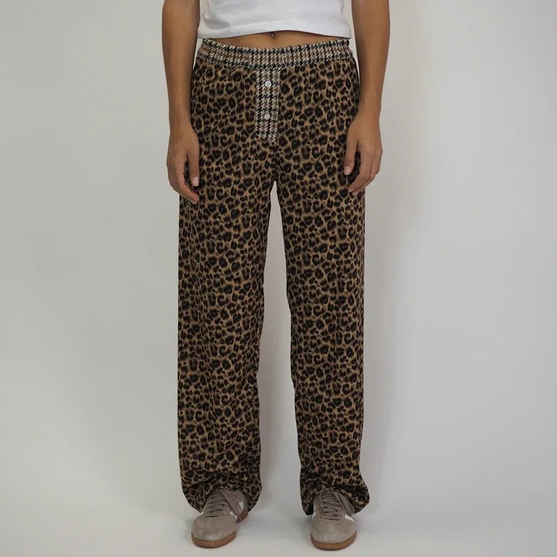 Y2K Boyfriend Trousers Leopard Print High Waist Long Pants Retro Women Chic Fashion Wide Leg Vintage Grunge Streetwear