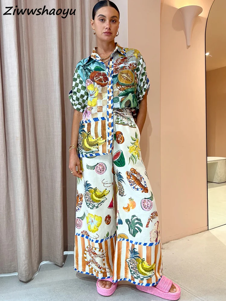 

Женские дизайнерские льняные костюмы, модельные свободные рубашки с коротким рукавом и длинная юбка-карандаш с высокой талией и принтом, лето