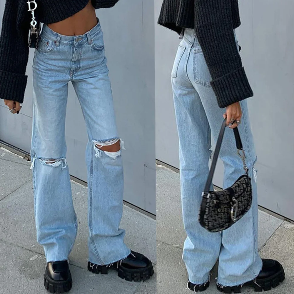 

2022 new denim wide legged trousers with holes and micro pull jeans