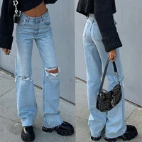 2022 new denim wide legged trousers with holes and micro pull jeans