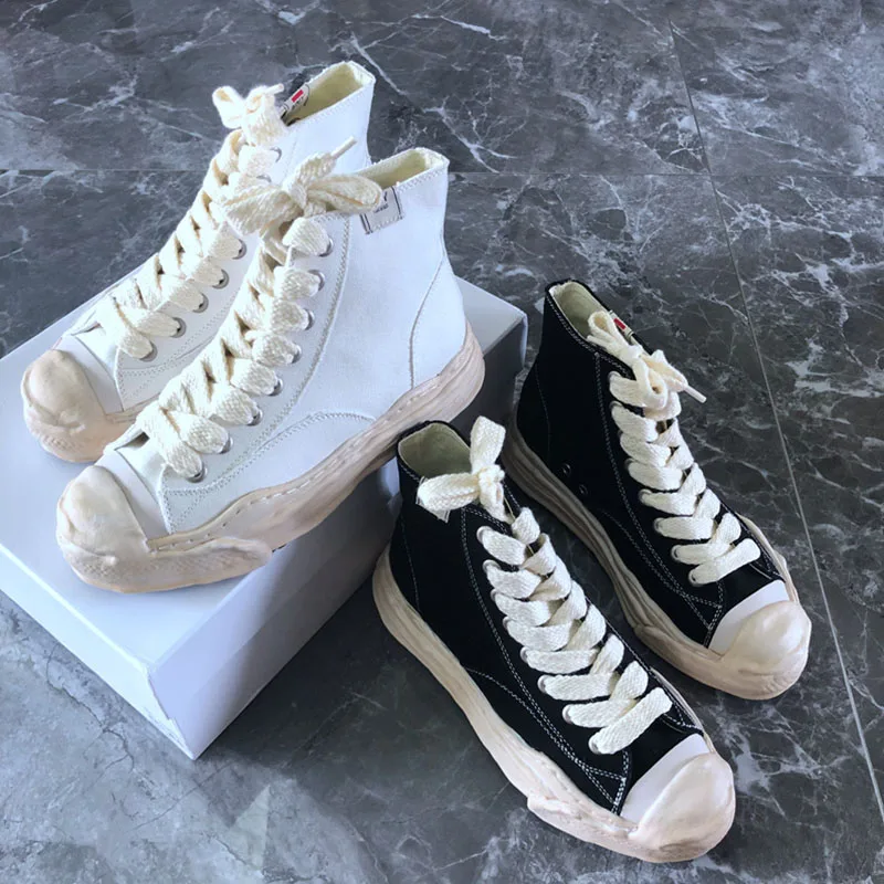 

Japanese Mmy Patched Dissolve Sole Distressed Canvas Sneakers for Men Retro Shoes Women's Thick Bottom Trainer