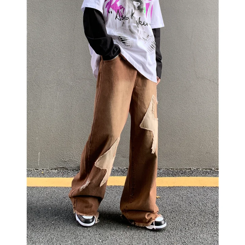 Men's Wear New Pattern Recreational Vintage Nostalgia Brown Jeans Straight Cylinder Loose Applique Street Trousers Autumn Female