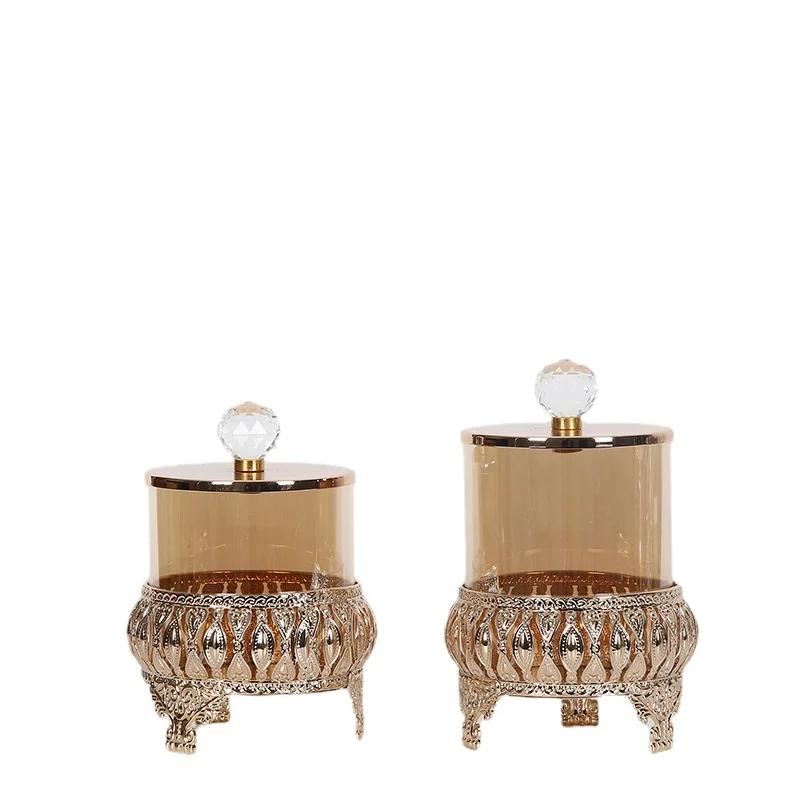

European-style Luxury Golden Metal Glass Candy Jar Sealed Storage Bottle Transparent Food Jar Crystal Glass Container Home Decor