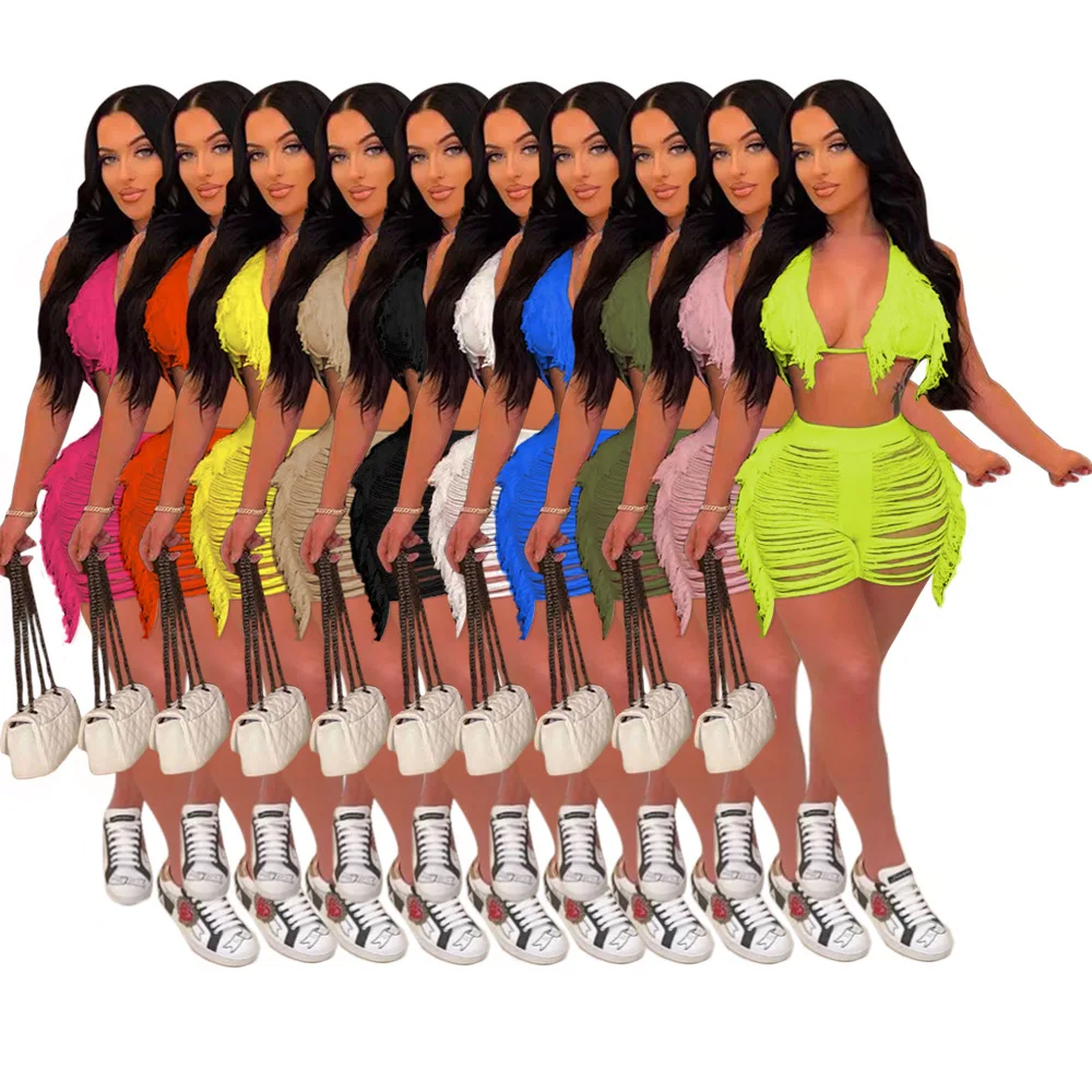 

2022 Summer European And American Women's Sexy Elastic Perspective Knitted Fringed Beach Shorts Cup Sexy Sports Suit Women