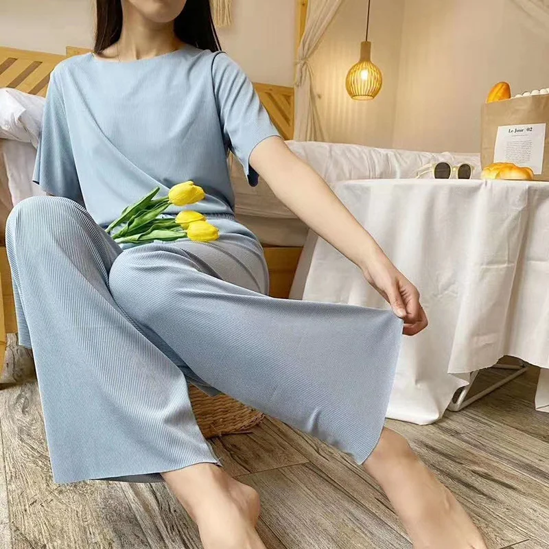 Live Broadcast Recommendation Short Sleeved Trousers Pajamas Home Clothes Suit Women Loose Ice Silk Short Sleeved Soft Wide Leg