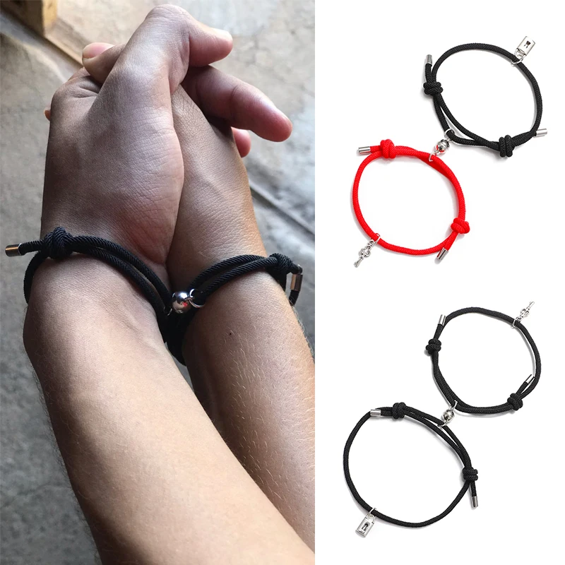 

New New 2PCS Couple Bracelets for Women Men Charm Lock Key Friendship Rope Braided Magnetic Bracelet Lover Rope Jewelry Gifts