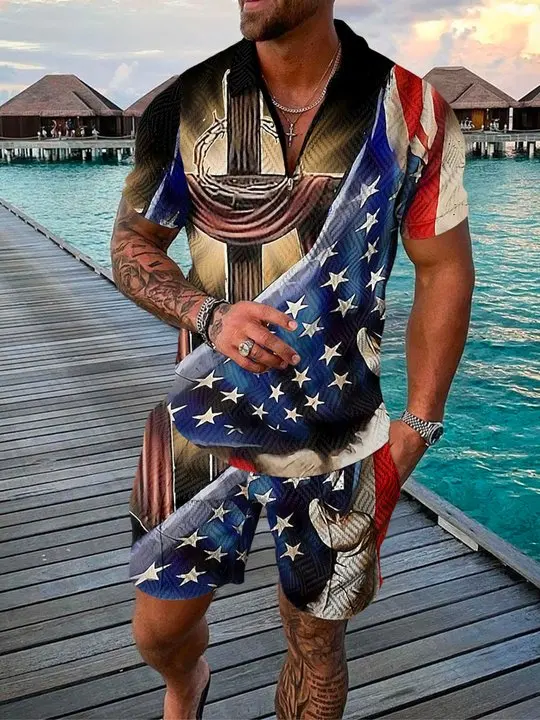 

Men Athleisure Short Sleeve Zipper Polo Shirt Shorts Set 2 Piece Set Summer New Men national flag Short Sleeve T-Shirt + Shorts