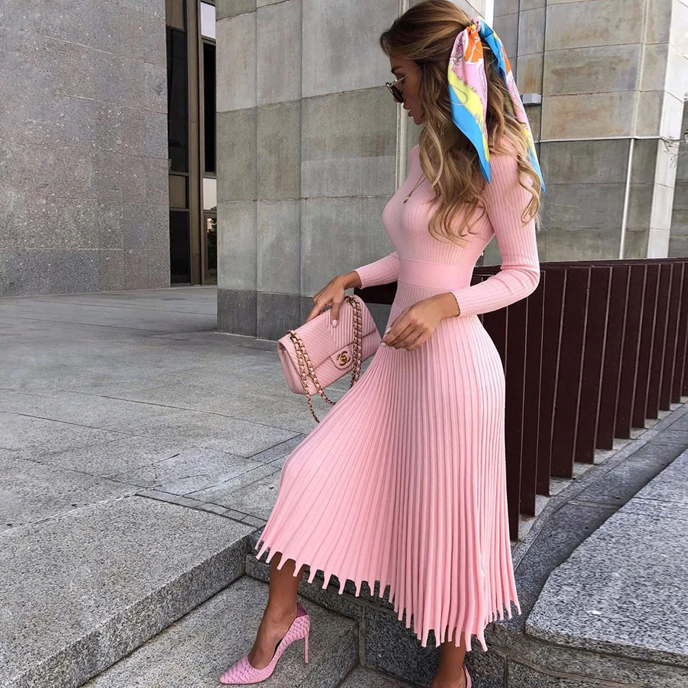 

Elegant Knitted Midi Dress for Women Solid Long Sleeve Slim Sweater Dress Autumn Winter Fashion Pleated Club Party Dress 2023