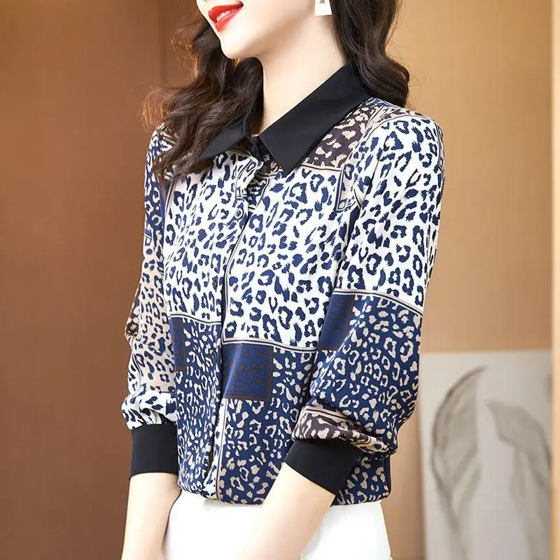 2023 New Patchwork Satin Shirt for Women Korean Fashion Leopard Printed Shirt Elegant Vintage Chic Chiffon Blouse Summer Casual enlarge