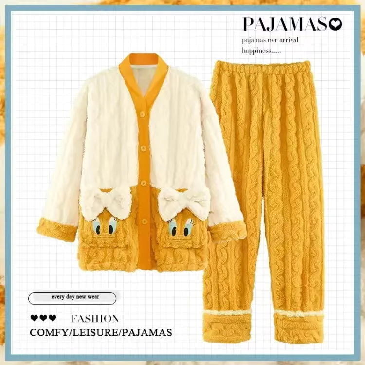 2022 Autumn Winter Pajamas Set Women Sleep Shirt Pant Set Sleepwear Warm cotton Nightgown Female Cartoon Bear Animalimal Pijamas
