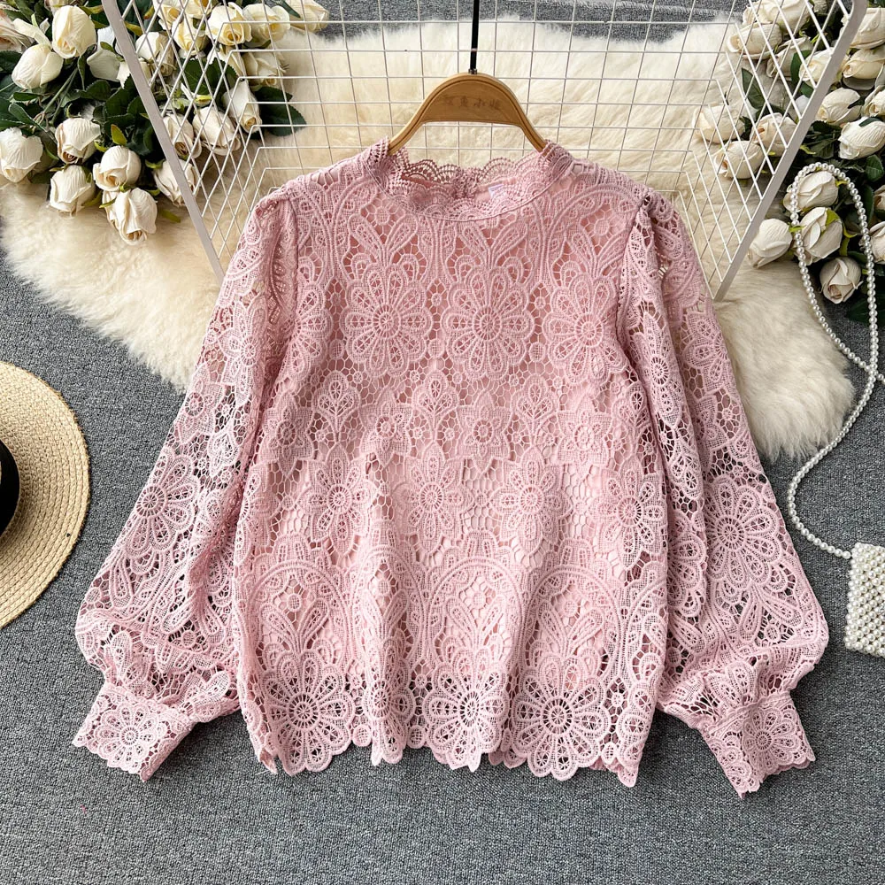 

VANOVICH 2023 Spring New Korean Style Design Lace Gauze Hollow Out Top Lantern Sleeve Temperament O-neck Solid Sweet Loose Top