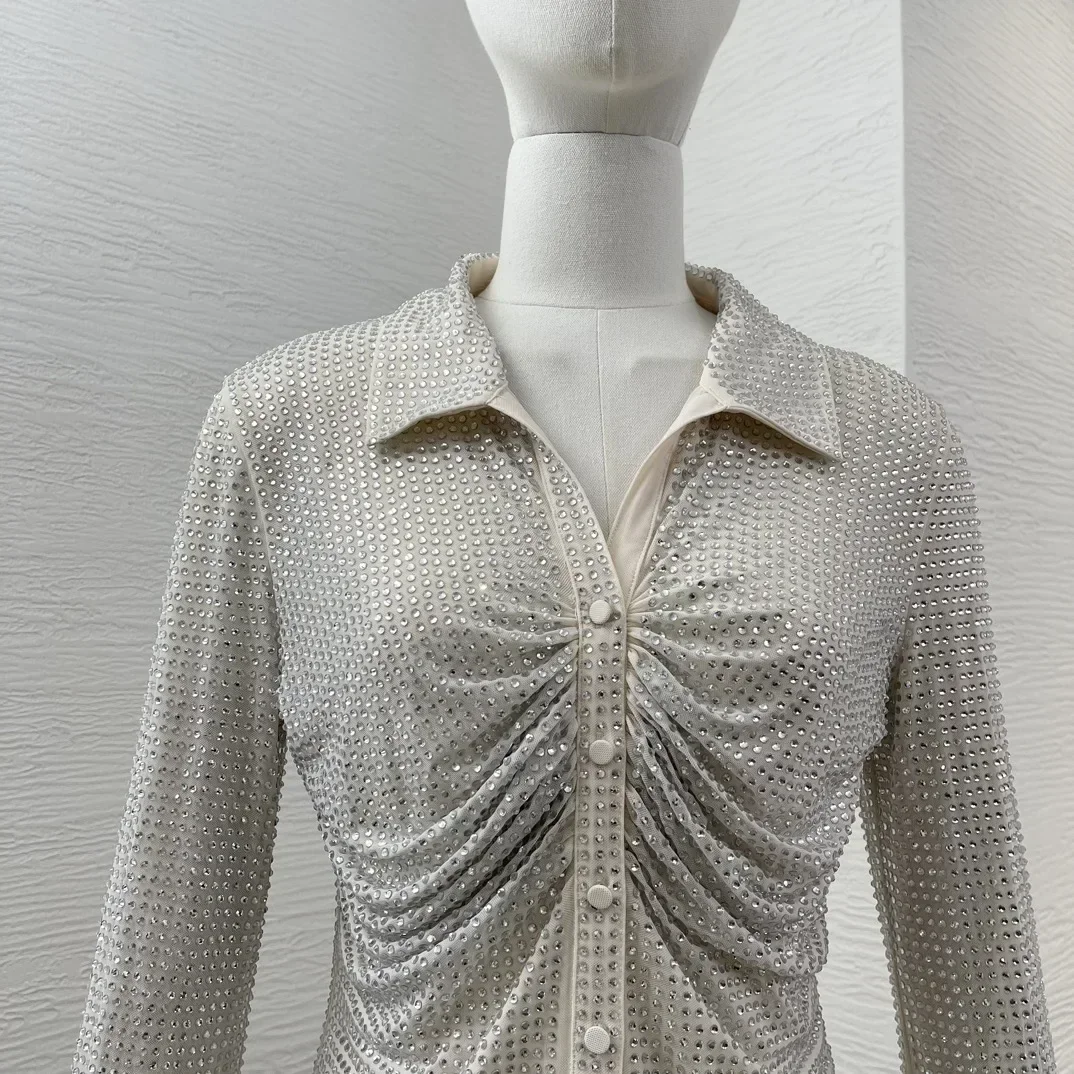 Новейшие женские серебряные блузки с бриллиантами и длинными рукавами отложным