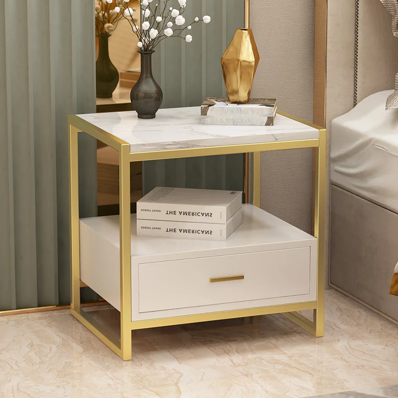 

Italian Light Luxury Bedside Table Shelf Marble Golden Baking Paint Simple Modern Bedroom Living Room Storage Side Cabinets