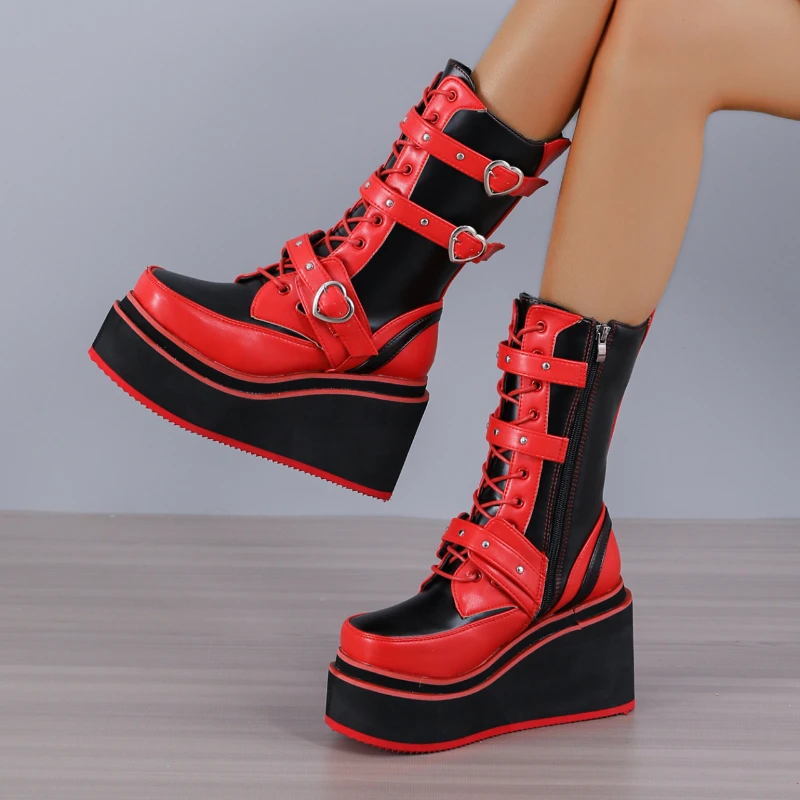 

Ботинки женские на платформе, высокий каблук, кожаные, классические, рыцарские, в стиле панк/готика, зимняя обувь, красные