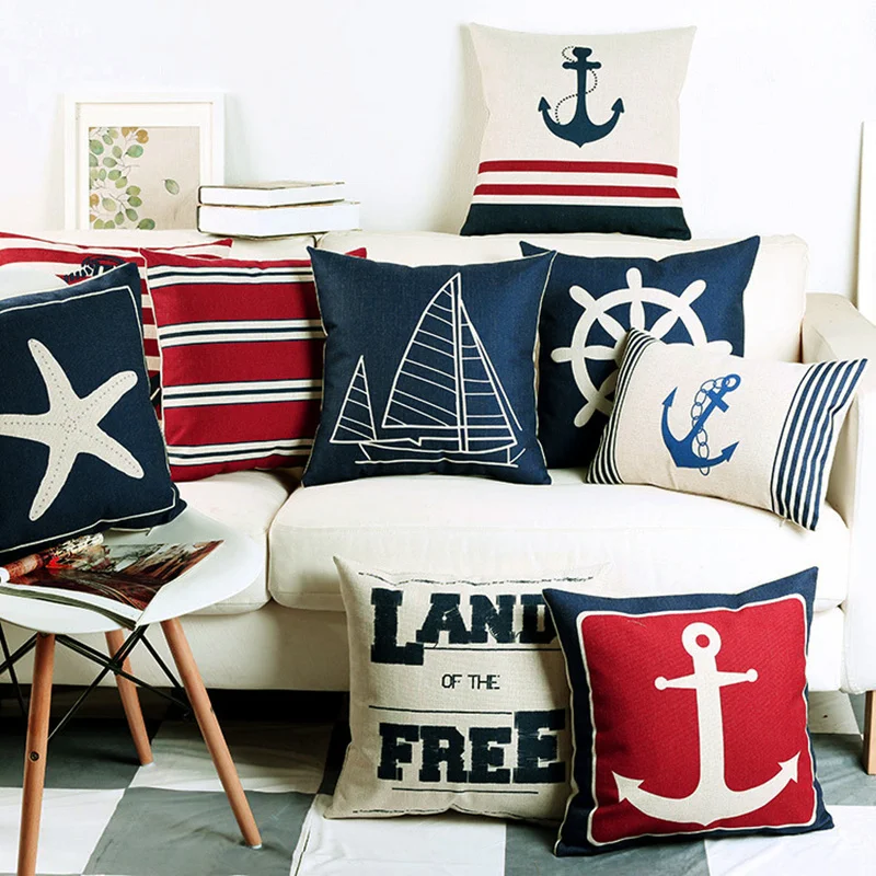 

45x45cm nautical navy blue nautical shell starfish pillow ocean cushion cover sofa bay window cushion home decoration pillowcase