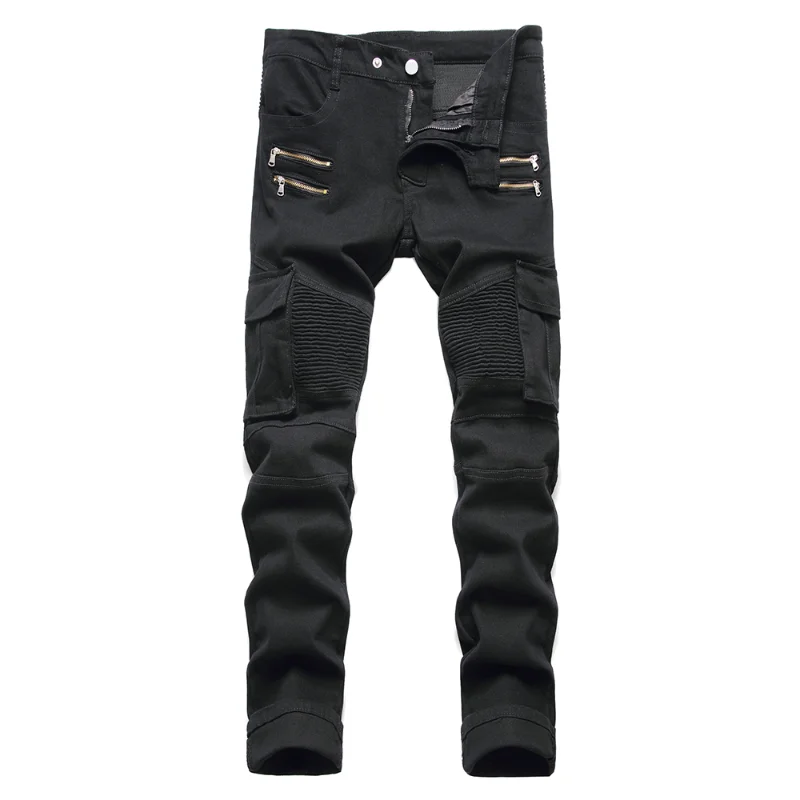

Мужские байкерские джинсы-карго с карманами, зауженные прямые Стрейчевые джинсовые брюки на молнии, плиссированные брюки черного, армейского, зеленого цветов, 2023