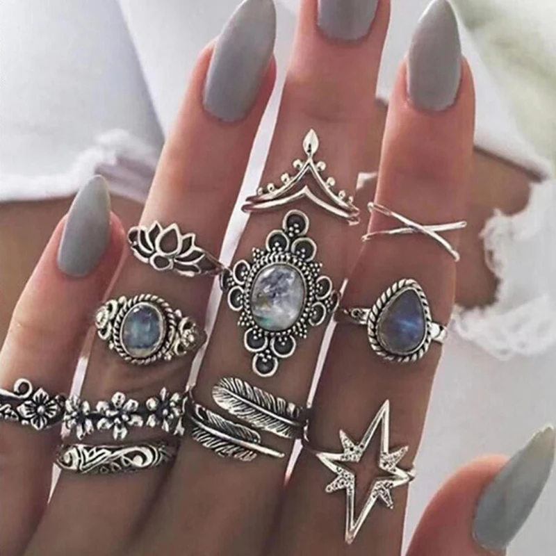 

11Pcs Women Retro Hollow Rhinestone Knuckle Midi Finger Tip Stacking Carved And Diamond-set Starry Gemstone Leaves Joint Ring