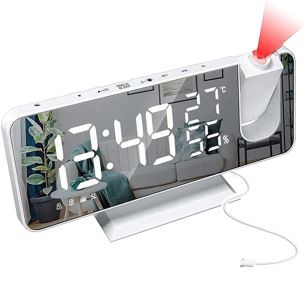 

Projection Digital Alarm Clock with FM Radio LED Mirror Screen Big Digit180° Projector Mirror Surface Alarm Clock-White
