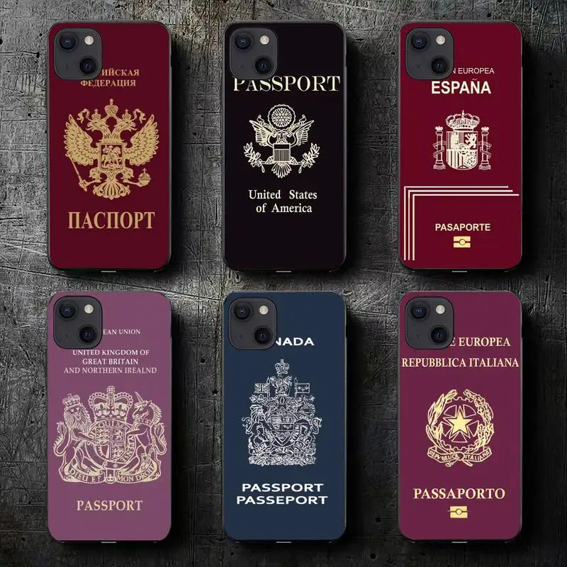Чехол для телефона Passport Fashion Russia America Spain French для iPhone 11 12 Mini 13 14 Pro XS Max X 8 7 6s Plus SE XR.