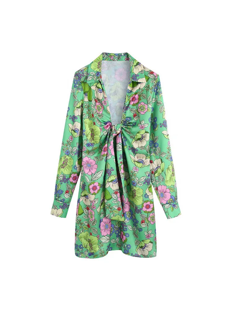 

2022 Women Summer Print Satin Dress V-Neck Bow Tie Long Sleeve Female Elegant Fashion Street Mini Dresses Vestidos