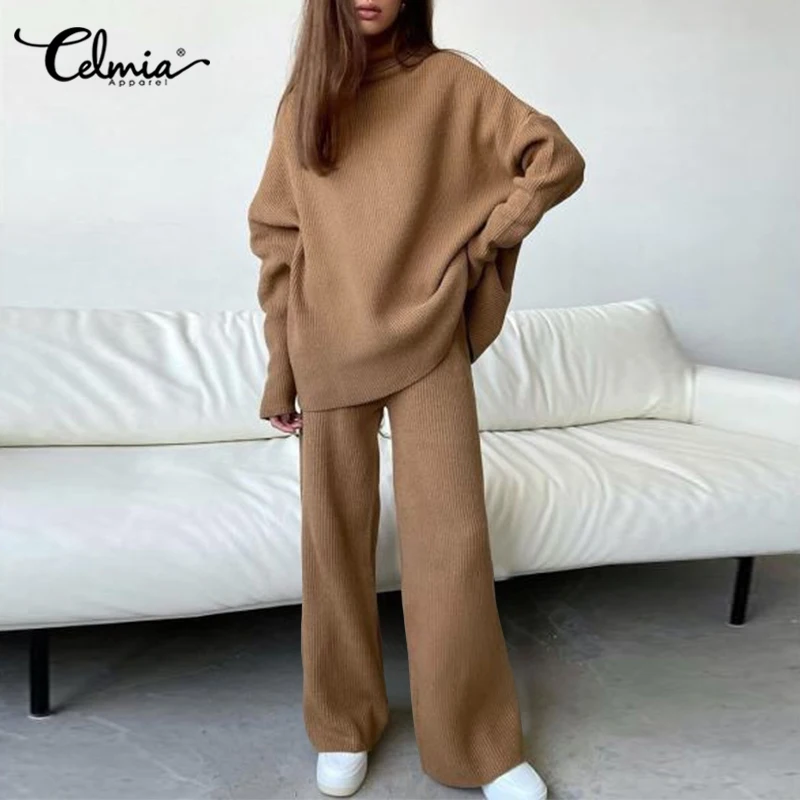 

Fashion Celmia Women's Knitted Pant Sets Casual Loose High Collar Tops and Wide Leg Pants Suits 2022 Spring Ribbed 2 Pieces Sets