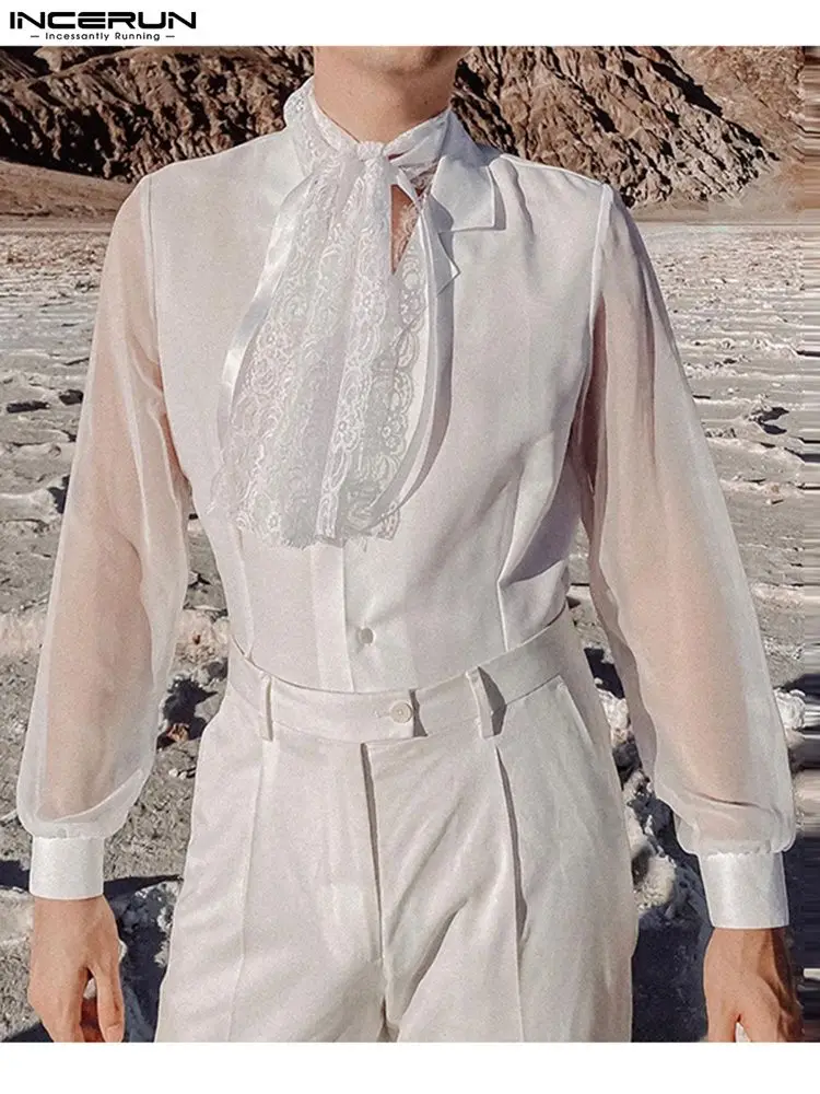 INCERUN Tops 2022 Handsome Men's Slightly See-through Lapel Blouse Fashion Casual Male Stitching Long-sleeved Thin Shirts S-5XL